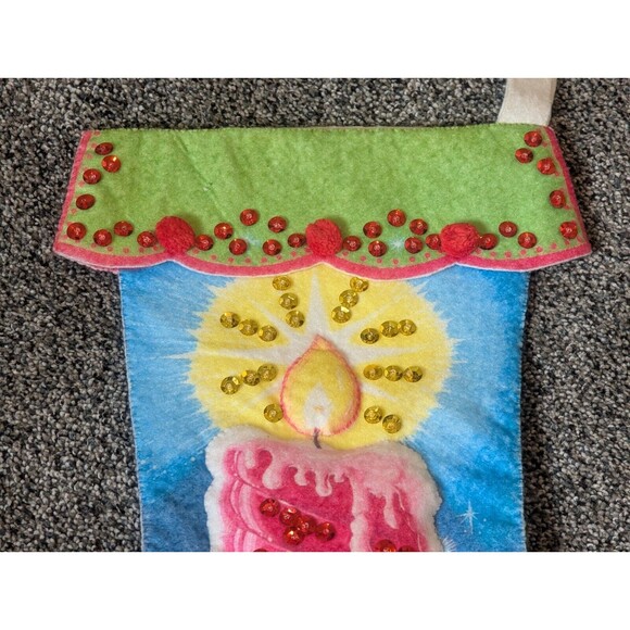 Vintage Puffy Felt Sequin Hand Made Christmas Stocking Candle Ornament 18.5"L - Picture 2 of 6